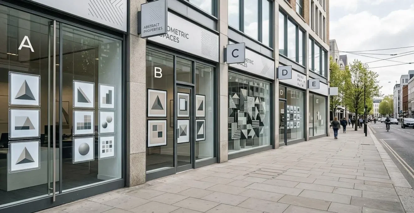 Perspective de rue avec plusieurs vitrines d'agences immobilières affichant le même bien avec des prix différents