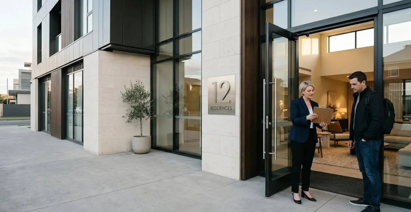 Acheteur signant un bon de visite avec un agent immobilier lors d'une visite de bien