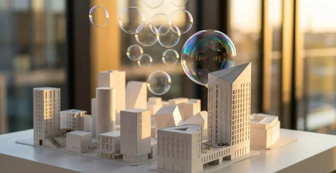 Bulles de savon flottant au-dessus d'une maquette architecturale moderne, symbolisant la fragilité des bulles immobilières.