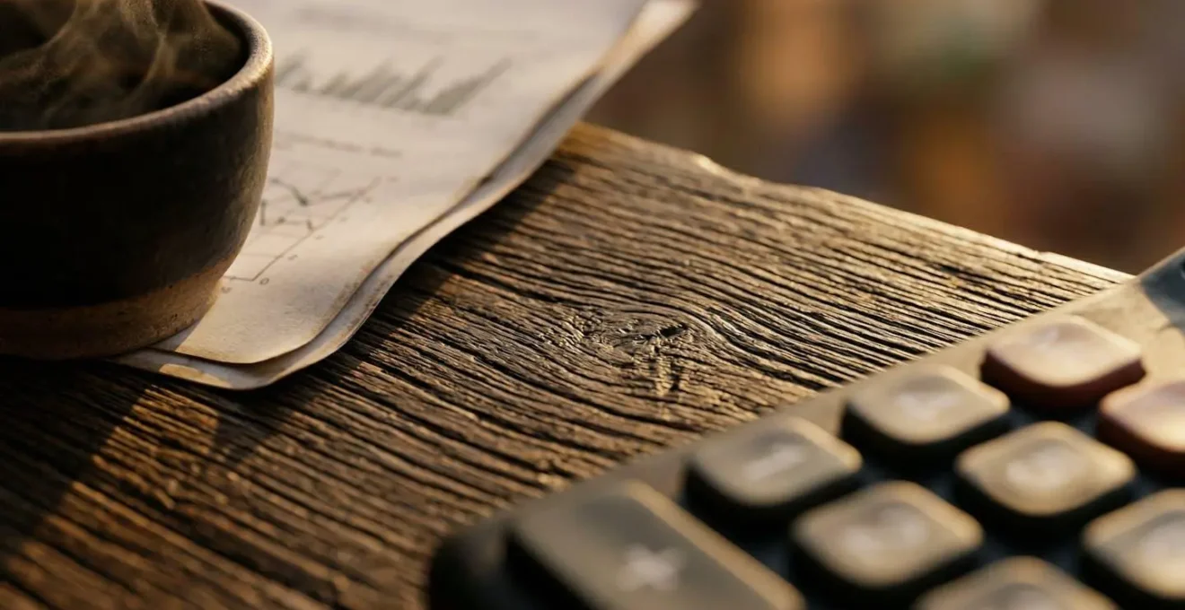 Bureau avec documents fiscaux éparpillés, calculatrice et tasse de café