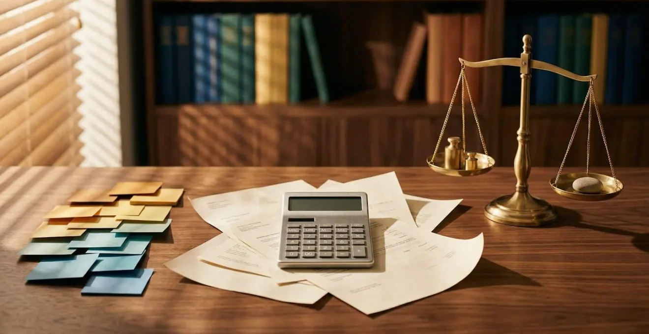 Calculatrice et documents financiers sur bureau avec graphiques symbolisant l'économie réalisée en incluant les travaux dans le prêt immobilier.