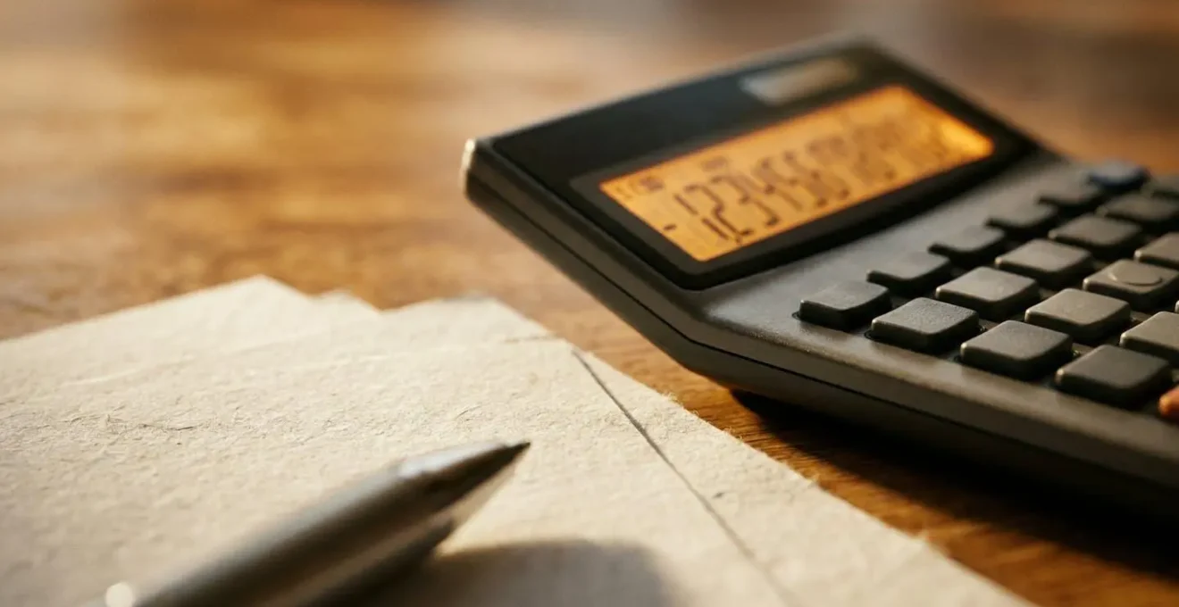 Calculatrice et documents fiscaux sur bureau avec éclairage naturel