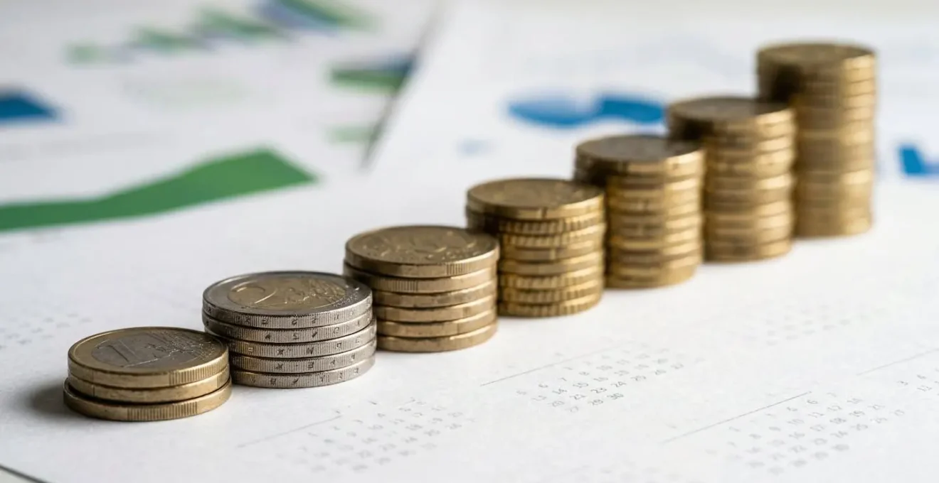 Calendrier financier sur bureau avec pièces de monnaie et graphiques de trésorerie