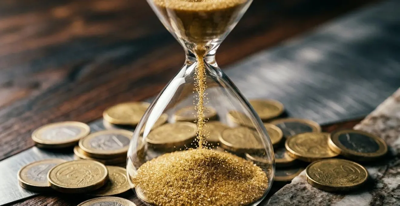 Sablier moderne avec des pièces dorées symbolisant l'arbitrage entre le temps et l'argent dans le choix d'un prêt travaux.