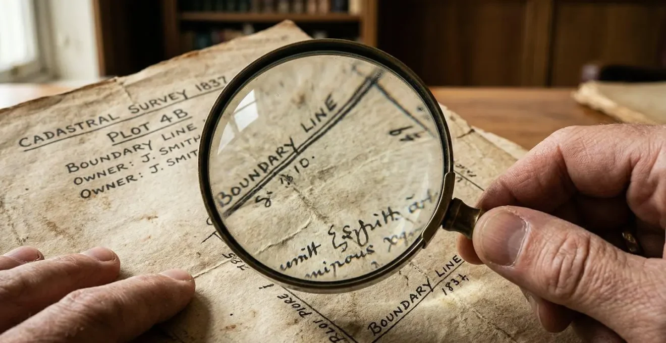 Gros plan sur des mains manipulant des documents cadastraux avec une loupe