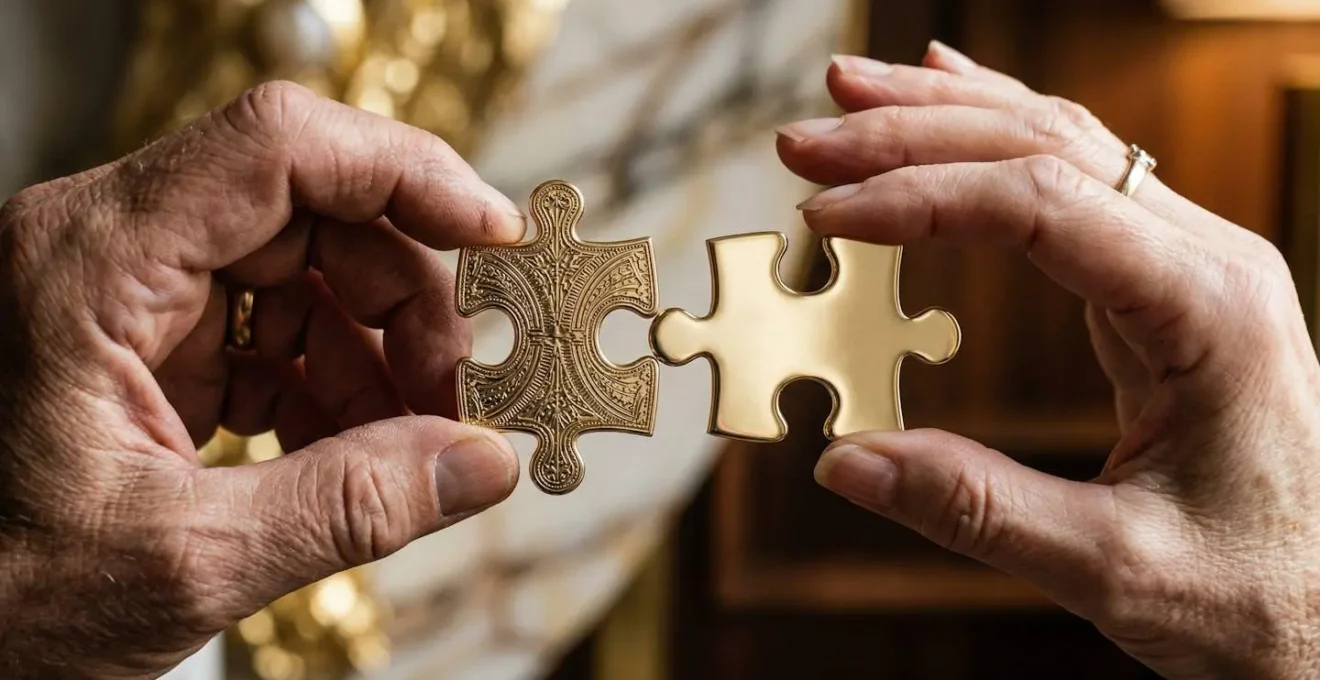 Représentation abstraite du démembrement de propriété avec deux mains tenant des pièces de puzzle dorées, symbolisant l'optimisation fiscale IFI.