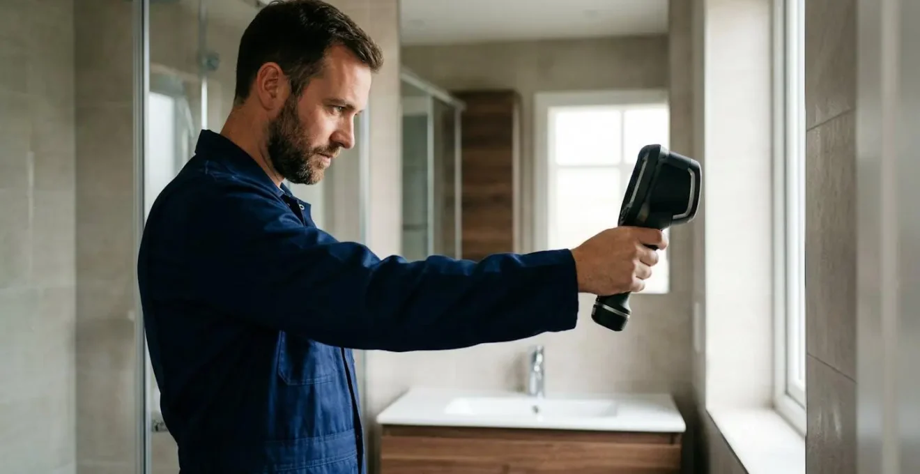 Professionnel utilisant une caméra thermique pour détecter une fuite cachée sans destruction