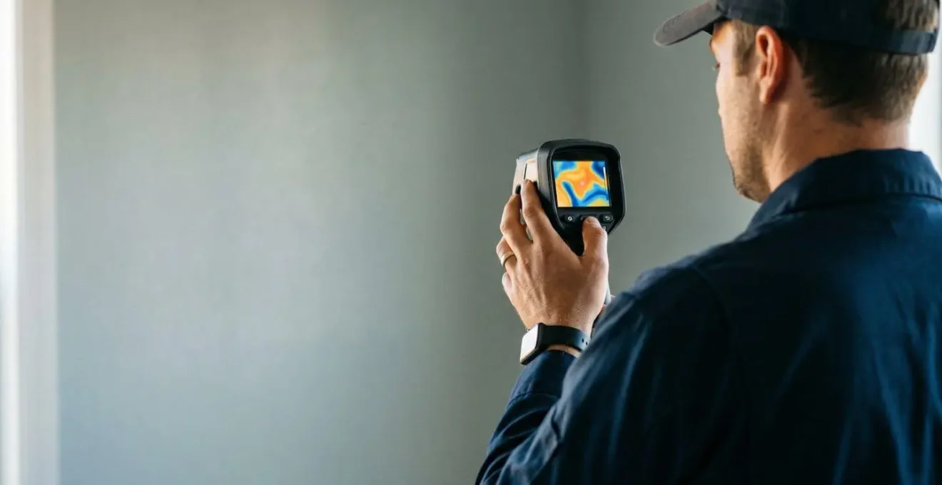 Technicien effectuant un diagnostic énergétique avec caméra thermique