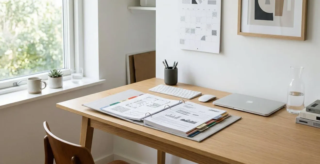 Dossier ouvert avec documents de copropriété organisés et étiquetés sur bureau