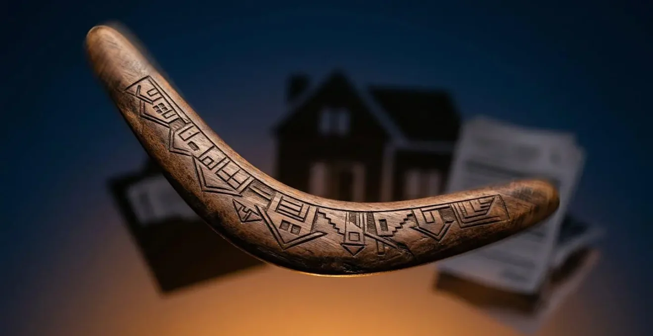 Métaphore visuelle de l'effet boomerang fiscal montrant un document d'évaluation immobilière revenant vers son propriétaire