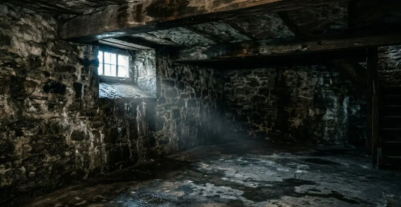Cave ancienne avec murs en pierre montrant des traces d'humidité et une atmosphère sombre