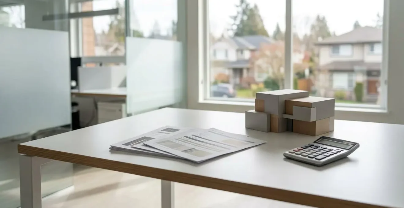Bureau épuré avec documents financiers organisés et vue panoramique sur quartier résidentiel