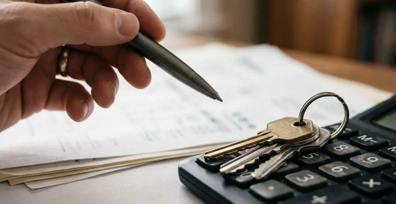Documents financiers et calculatrice sur table avec clés de maison symbolisant la gestion partagée des charges