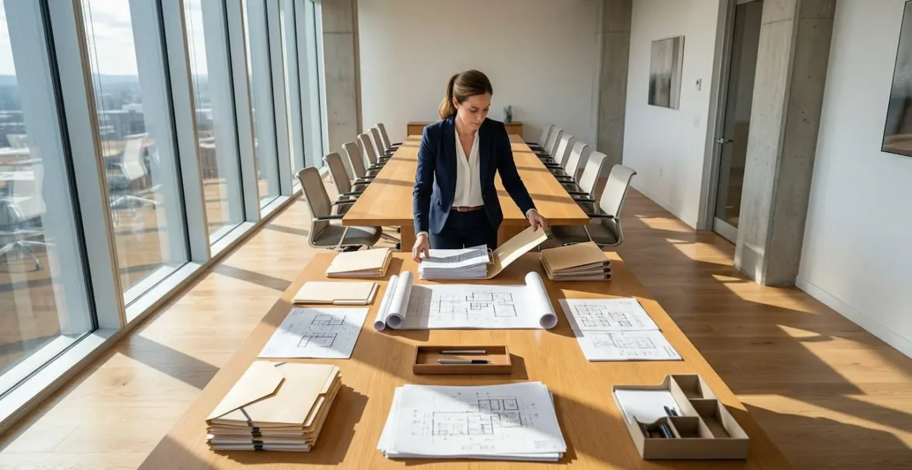 Gestionnaire immobilier professionnel préparant des documents pour une assemblée générale de copropriété