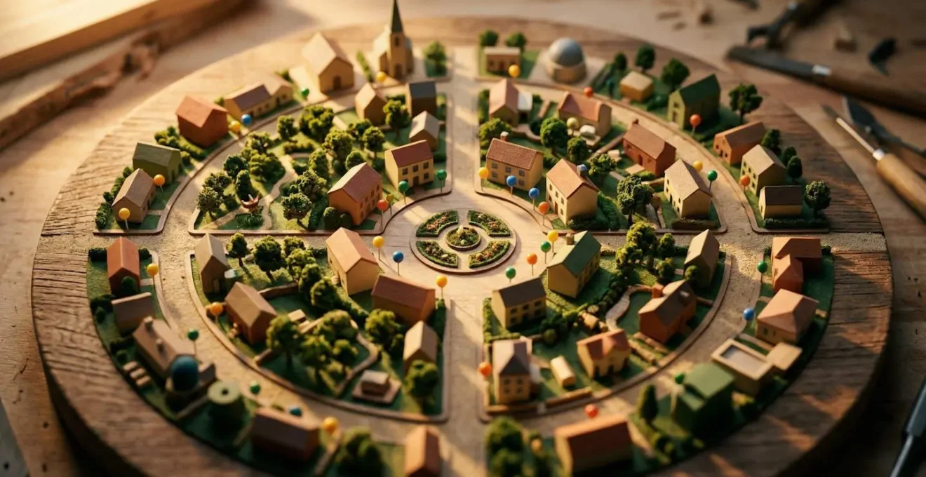 Plan de quartier avec points d'intérêt marqués et ambiance conviviale