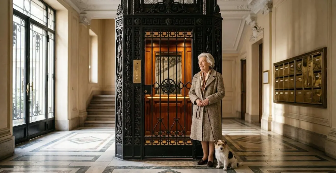 Hall d'entrée d'immeuble haussmannien avec ascenseur ancien en fer forgé