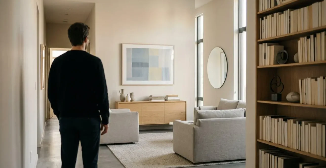 Salon minimaliste avec décoration neutre et lumière douce