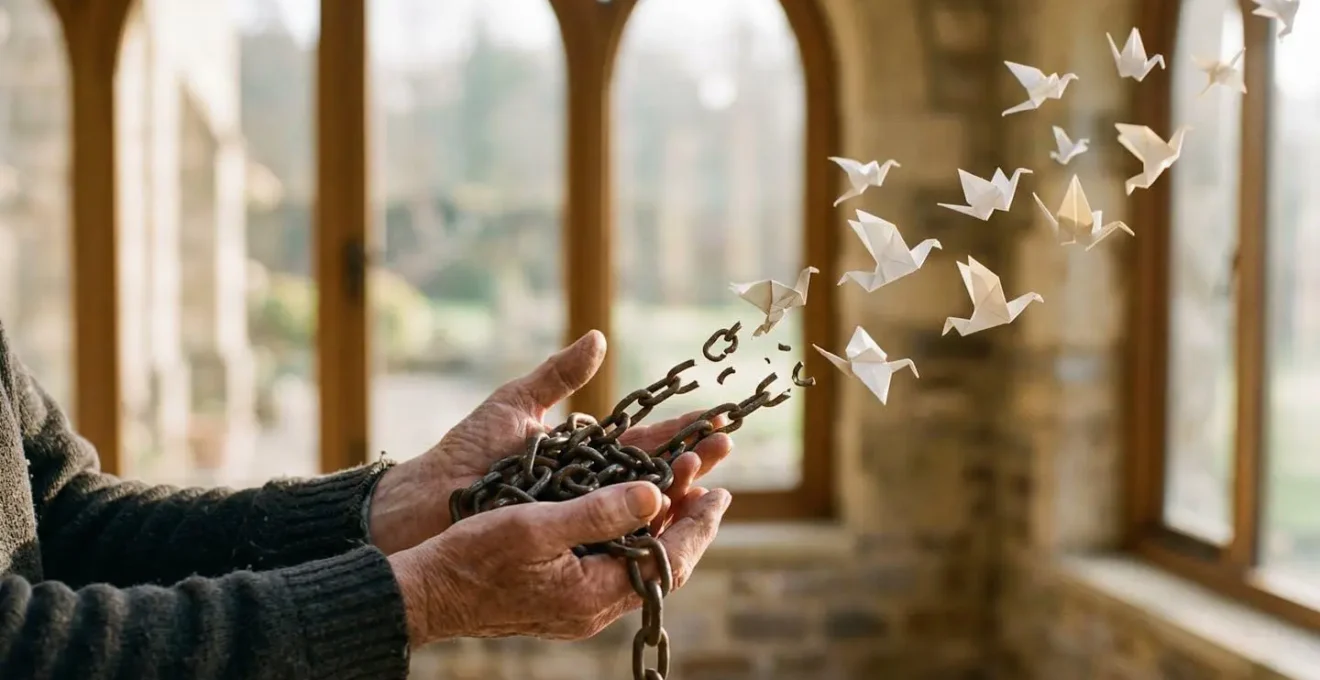 Des mains libérant de lourdes chaînes qui se transforment en oiseaux de papier, symbolisant la libération de la charge mentale liée à un investissement problématique.