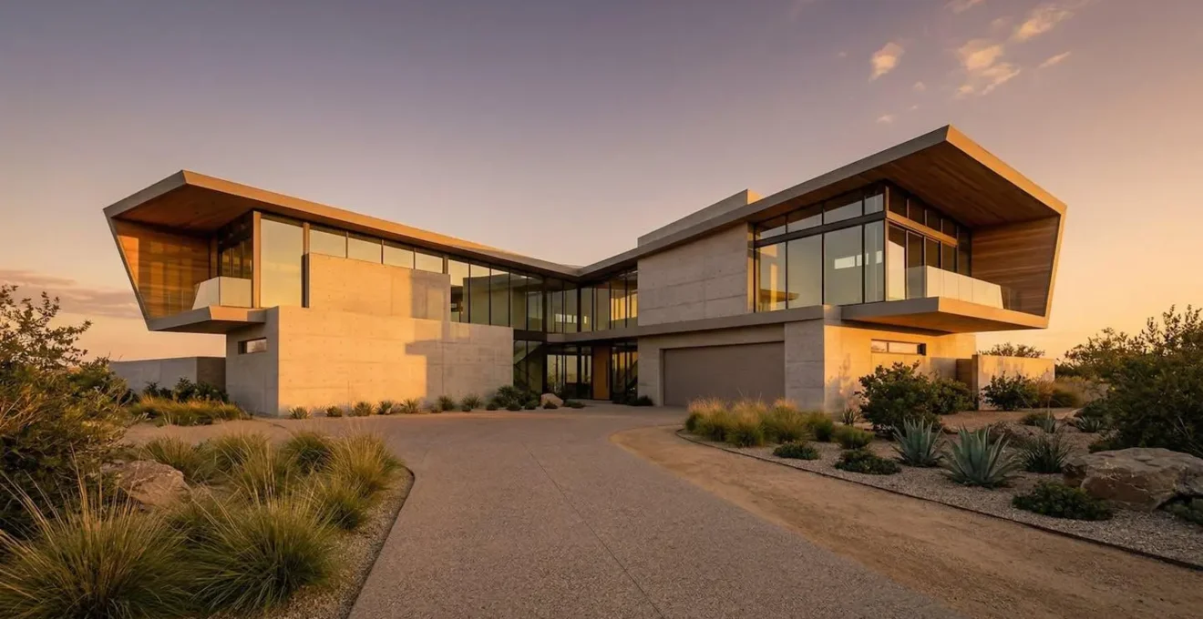 Villa d'architecte contemporaine avec design unique photographiée au coucher du soleil