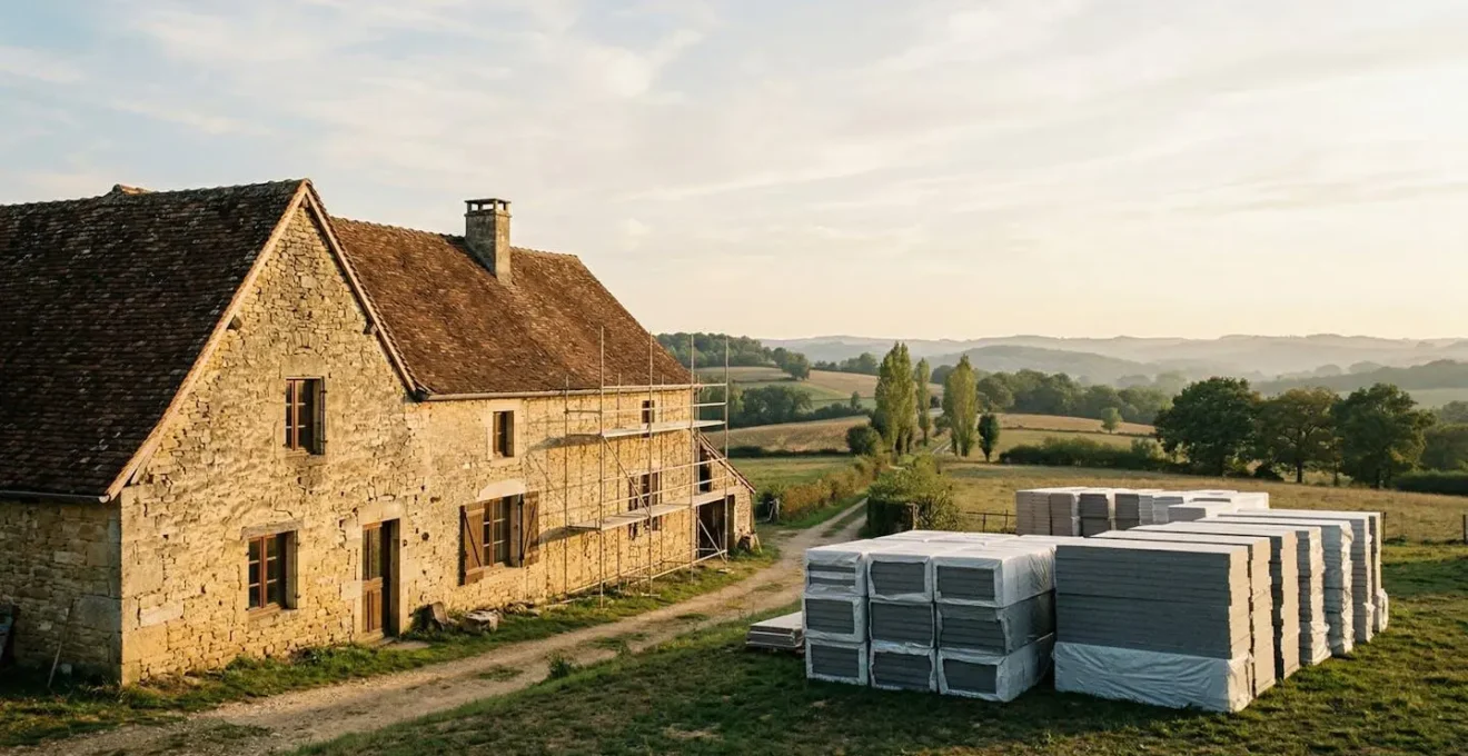 Vue large d'une maison ancienne avec échafaudages et matériaux d'isolation