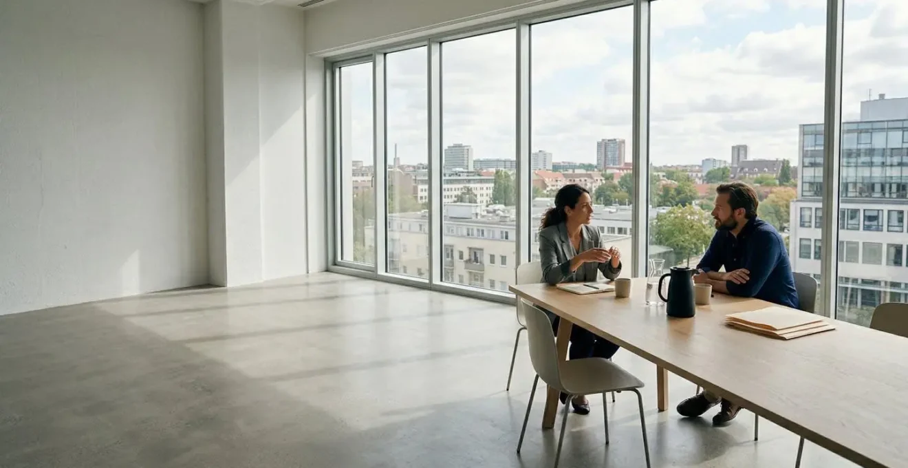 Négociation entre propriétaire et locataire autour d'une table avec documents et café