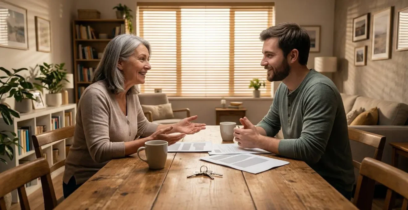 Discussion cordiale entre propriétaire et locataire autour d'une table avec documents immobiliers