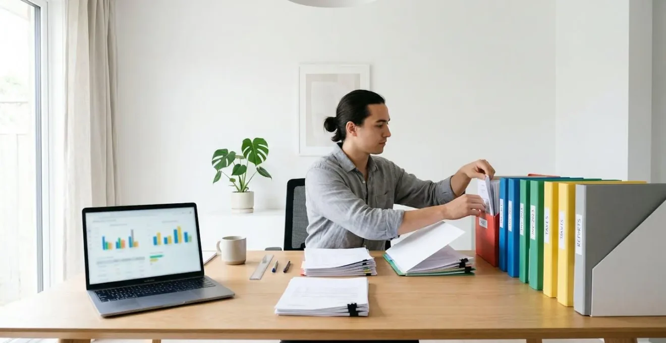 Personne organisant méticuleusement ses documents financiers sur une table