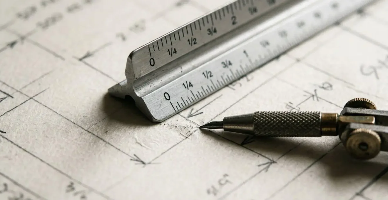 Vue macro d'un plan architectural avec instruments de mesure professionnels