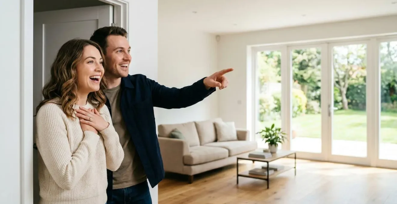 Couple découvrant avec émotion l'intérieur lumineux d'une maison lors de la première visite