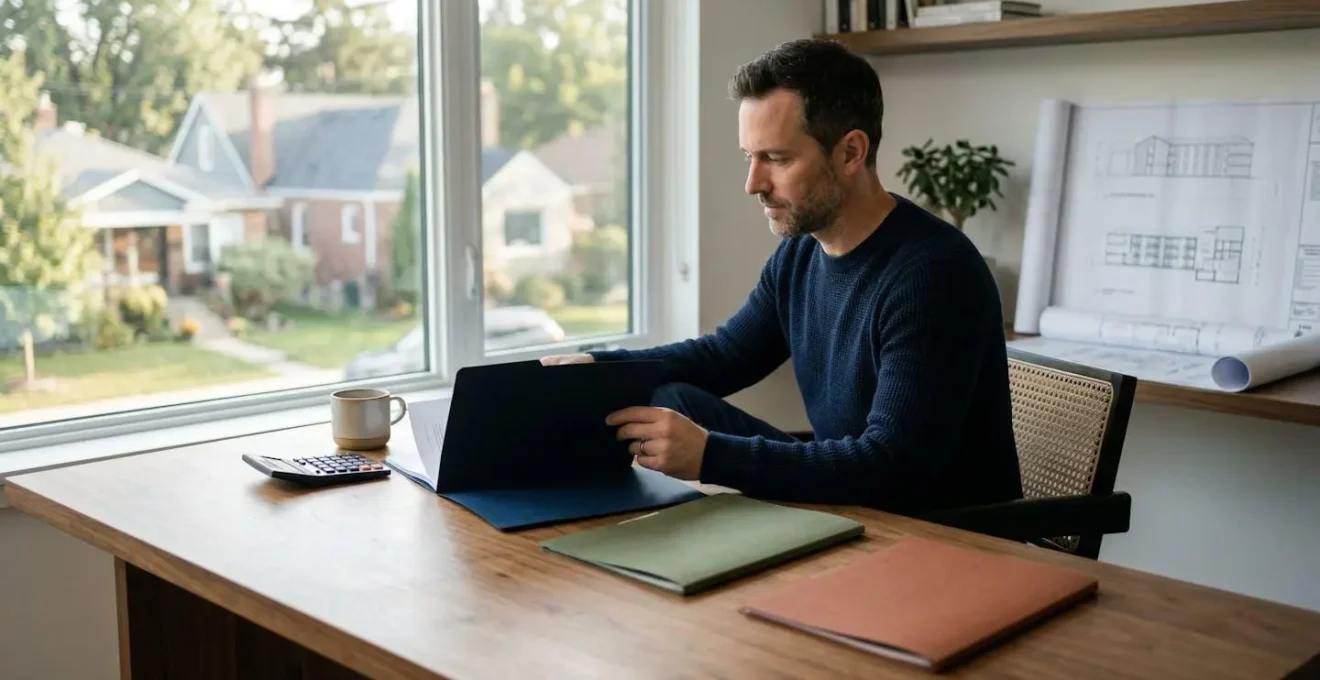 Un propriétaire compare différents documents de garanties locatives sur son bureau avec calculatrice