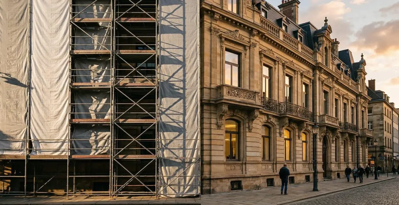 Façade d'immeuble en cours de ravalement avec échafaudages et bâches de protection