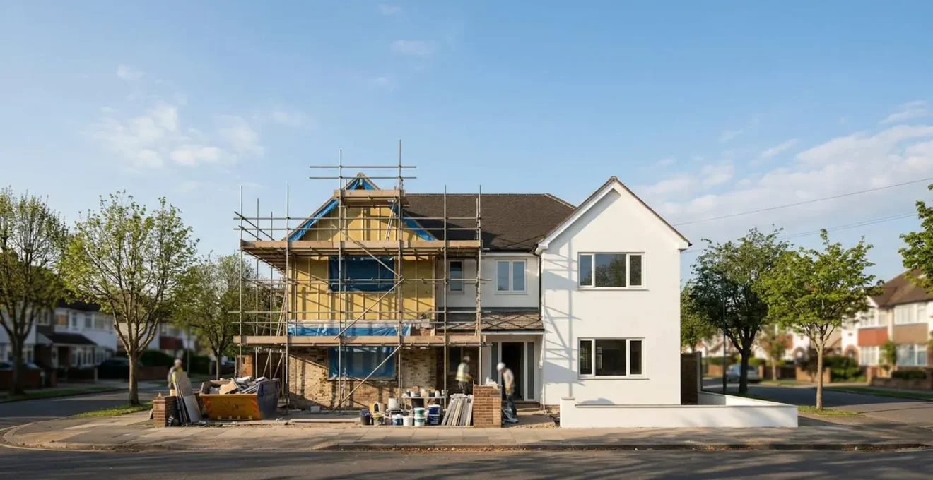 Vue grand angle d'une maison en rénovation avec échafaudages et isolation visible, illustrant un projet d'achat-rénovation.