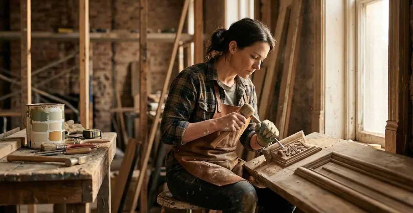 Artisan effectuant des travaux de rénovation dans un appartement avec outils professionnels