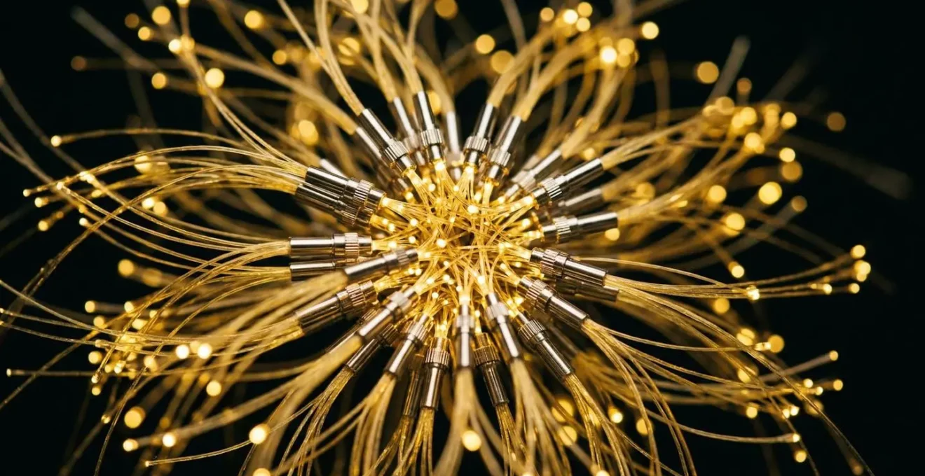 Vue macro d'un réseau de fibres optiques dorées interconnectées représentant le partage entre agences