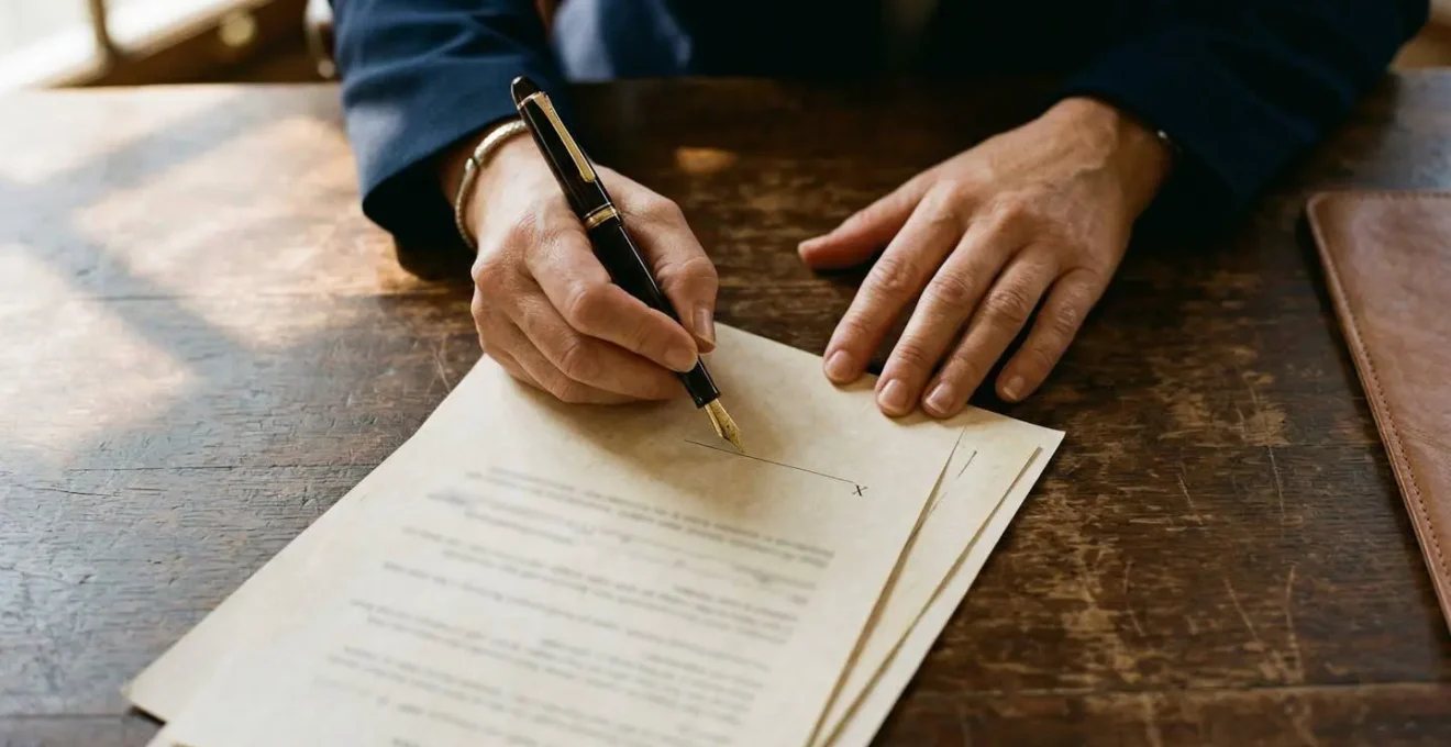 Vue plongeante sur des mains signant un document avec stylo plume sur bureau élégant