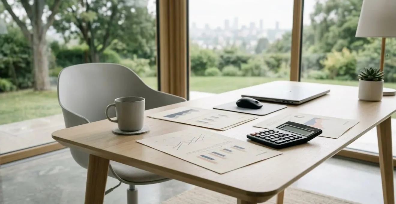 Bureau avec calculatrice et documents financiers pour simulation prêt relais