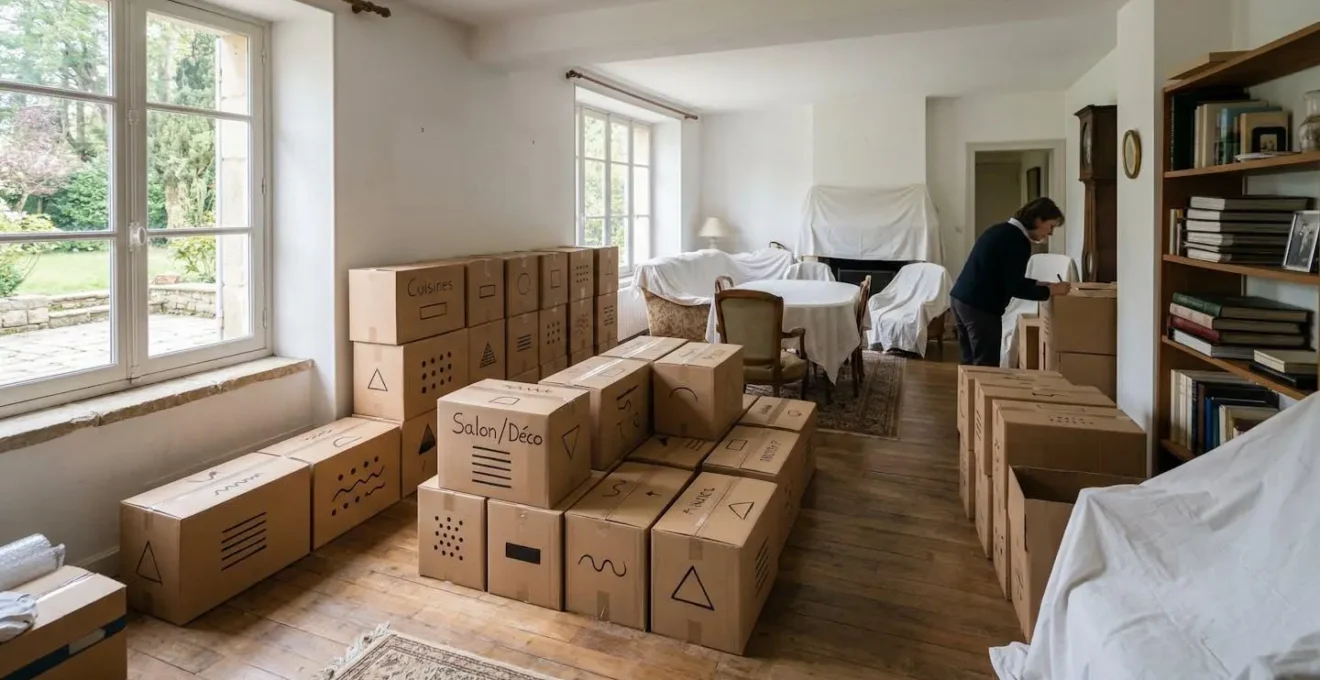 Vue large d'une maison familiale avec cartons étiquetés et inventaire en cours de réalisation