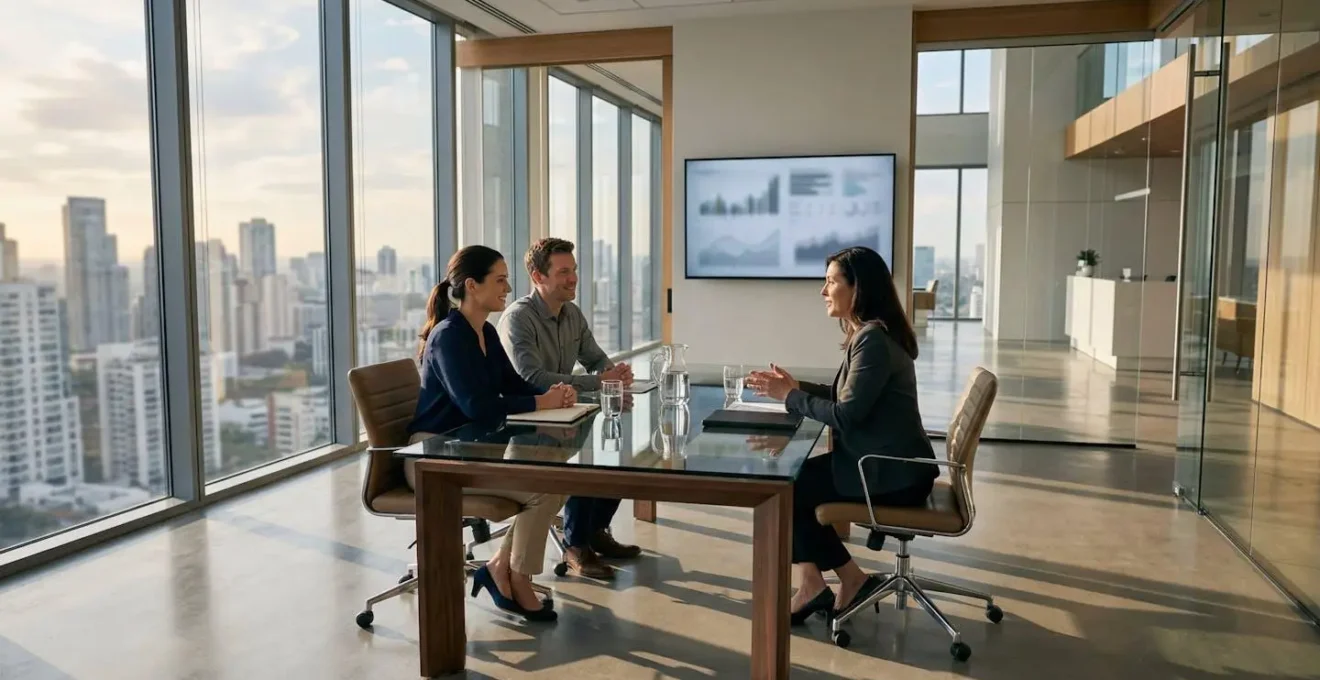 Couple consultant des documents financiers avec un conseiller bancaire dans un bureau moderne