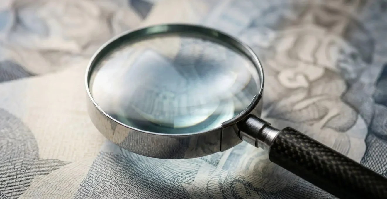 Gros plan sur une loupe inspectant des documents officiels pour symboliser la vérification de la carte professionnelle d'un agent immobilier.
