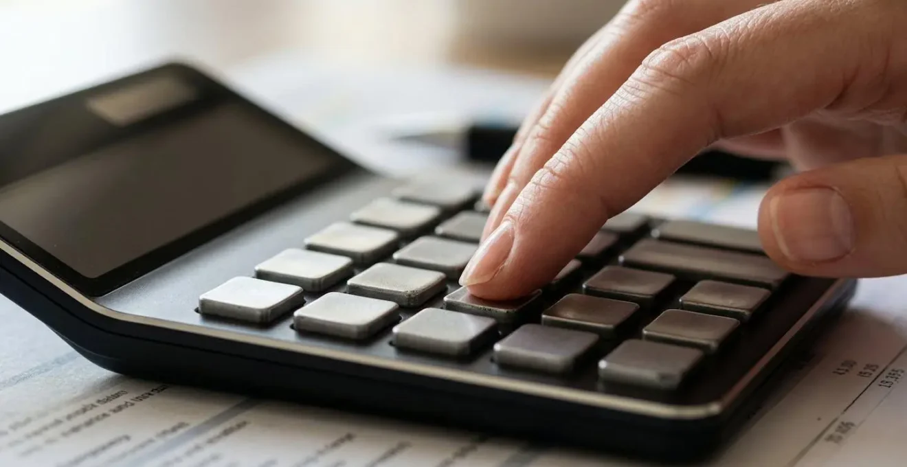 Mains expertes manipulant une calculatrice professionnelle avec documents flous en arrière-plan