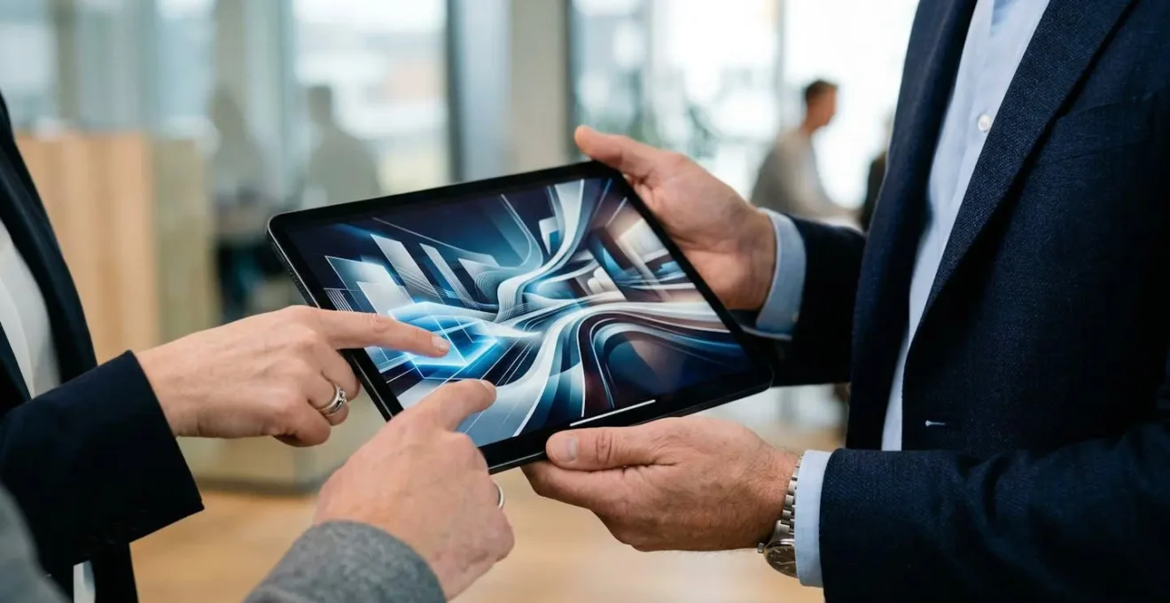 Agent immobilier présentant une visite virtuelle sur tablette à des clients