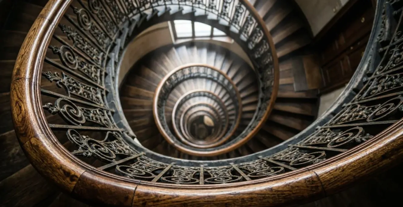Vue en plongée d'une cage d'escalier d'immeuble de standing montrant les différents étages